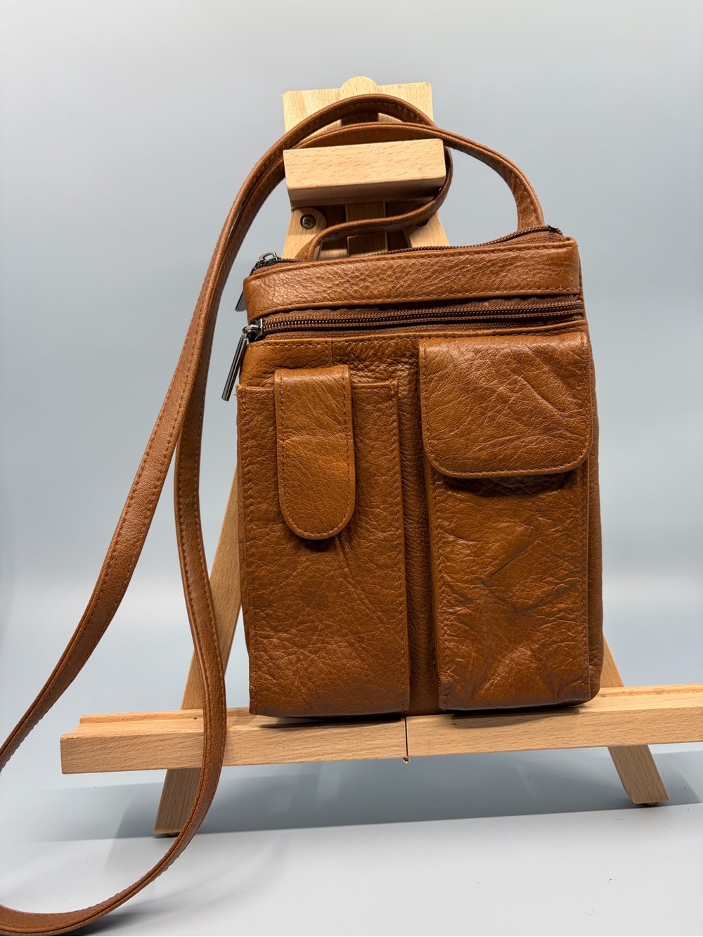 C-Bags Genuine Italian Leather Crossbody Organizer Bag Travel Cognac Brown